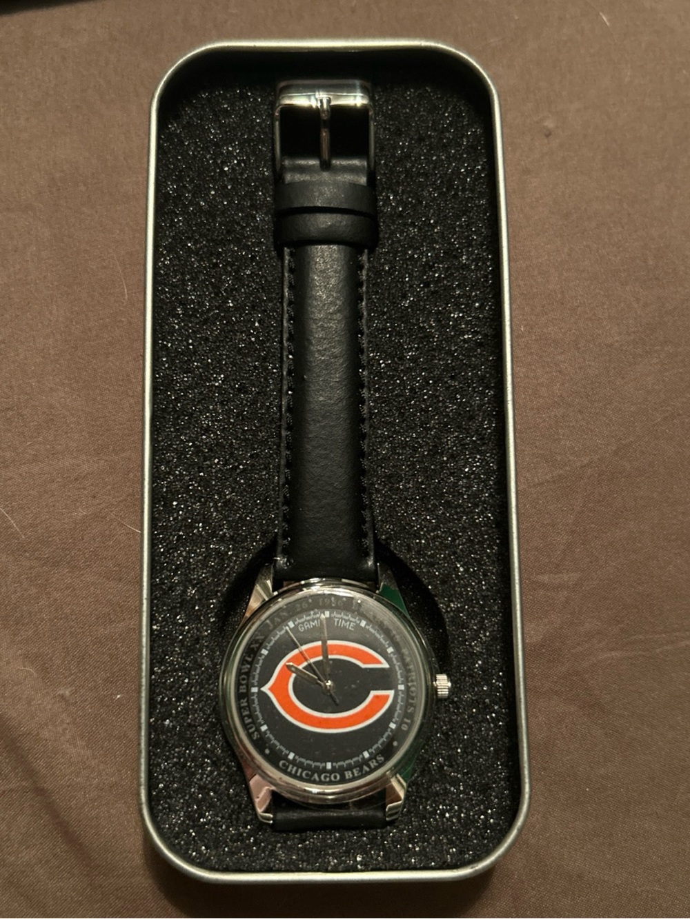 NFL Chicago Bears Black and Orange Logo Leather Strap Watch